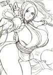  1girl artist_name bouncing_breasts breasts cleavage closed_fan commentary doodle fan fatal_fury folding_fan high_ponytail huge_breasts japanese_clothes legs looking_at_viewer ninja obi outstretched_arms pelvic_curtain ponytail revealing_clothes rope sash shiranui_mai sideboob sketch skidrow the_king_of_fighters 