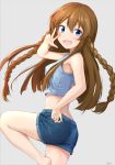  1girl :d artist_name ass bangs bare_arms barefoot basa_rutan blue_eyes braid breasts brown_hair crop_top denim denim_shorts eyebrows_visible_through_hair feet_out_of_frame from_side grey_background highres idolmaster idolmaster_million_live! kousaka_umi long_hair looking_at_viewer looking_to_the_side medium_breasts midriff one_leg_raised open_mouth shirt shorts simple_background sleeveless sleeveless_shirt smile solo standing standing_on_one_leg twin_braids w 