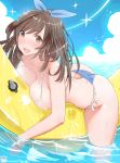  1girl ass bikini blue_bikini bow breasts brown_eyes brown_hair cleavage hair_bow idolmaster idolmaster_shiny_colors large_breasts long_hair looking_at_viewer pink_crown round_teeth side-tie_bikini smile solo swimsuit teeth thighs tsukioka_kogane water wet white_bikini 