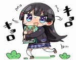  1girl :d bangs black_blazer black_hair blazer blue_eyes blue_skirt blush book braid brown_footwear chibi commentary_request eyebrows_visible_through_hair flying_sweatdrops hair_between_eyes hair_ornament hairclip jacket kanikama loafers long_hair long_sleeves looking_at_viewer lowres motion_lines nijisanji nose_blush object_hug open_mouth plaid plaid_skirt pleated_skirt school_uniform shoes skirt smile solo sparkling_eyes standing standing_on_one_leg sweat thigh-highs tsukino_mito v-shaped_eyebrows very_long_hair virtual_youtuber white_background white_legwear 