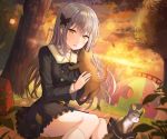  1girl absurdres animal bag bang_dream! bangs belt black_dress black_neckwear bow bowtie butterfly_hair_ornament cat double-breasted dress fur_collar grey_hair hair_ornament highres holding holding_animal long_hair long_sleeves minato_yukina open_mouth outdoors playground sitting solo sunset tokkyu_(user_mwwe3558) tree yellow_eyes 