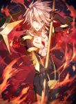  1boy armor bare_chest black_bodysuit bodysuit cape collar commentary_request eyebrows_visible_through_hair fate/apocrypha fate/grand_order fate_(series) fire gloves hair_between_eyes highres holding holding_spear holding_weapon jewelry k-me karna_(fate) looking_at_viewer male_focus open_mouth polearm red_cape solo spear spiked_collar spikes spiky_hair vasavi_shakti violet_eyes weapon white_hair 