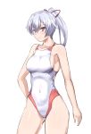  1girl competition_swimsuit covered_navel cowboy_shot depo_(typebaby505) fate/grand_order fate_(series) flat_chest long_hair one-piece_swimsuit ponytail red_eyes silver_hair simple_background solo swimsuit tomoe_gozen_(fate/grand_order) very_long_hair white_background white_swimsuit 