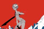  1other androgynous antarcticite chino_machiko gem_uniform_(houseki_no_kuni) gloves grey_eyes hair_over_one_eye houseki_no_kuni ice long_bangs looking_at_viewer necktie red_background short_hair silver_hair solo sparkle sword weapon white_eyes white_hair 