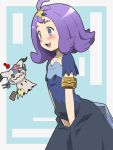  1girl :3 acerola_(pokemon) armlet awa blue_eyes blush dress elite_four flipped_hair gen_7_pokemon hair_ornament mimikyu multicolored multicolored_clothes multicolored_dress object_on_head open_mouth panties panties_on_head pokemon pokemon_(anime) pokemon_(creature) pokemon_sm_(anime) purple_hair short_hair stitches trial_captain underwear 