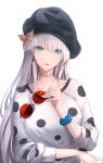  anastasia_(fate/grand_order) beret blue_eyes breasts casual earrings eyewear_removed fate/grand_order fate_(series) hair_ornament hat jewelry limeblock long_hair looking_at_viewer parted_lips silver_hair simple_background sunglasses very_long_hair white_background 