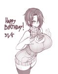  1girl bare_shoulders borrowed_character breasts cake commentary dated english_commentary food greyscale hair_over_one_eye happy_birthday highres huge_breasts looking_at_viewer monochrome object_on_breast original ribbed_sweater saya_(twrlare) short_hair sketch sleeveless smile solo sub-res sweater thigh-highs 