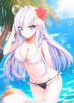  1girl azur_lane ball beachball belfast_(azur_lane) bikini black_bikini_bottom breasts cleavage cowboy_shot flower hair_flower hair_ornament hibiscus highres large_breasts lavender_hair long_hair looking_at_viewer mamel_27 mismatched_bikini palm_tree smile solo swimsuit tree violet_eyes white_bikini_top 