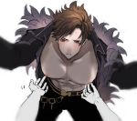  1boy abs belial_(granblue_fantasy) belt bent_over black_pants black_shirt brown_hair feather_boa granblue_fantasy looking_at_viewer male_focus nipple_tweak nipples open_clothes open_shirt pants parted_lips pectorals pov red_eyes shirt simple_background sweat white_background 