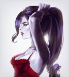  1girl absurdres adjusting_hair arm_up armpits breasts bustier cleavage commentary hand_in_hair high_ponytail highres lingerie looking_to_the_side nvalkyrja overwatch ponytail profile purple_skin red_lips tying_hair underwear widowmaker_(overwatch) yellow_eyes 