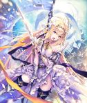  1girl armored_boots banner blonde_hair blue_eyes blue_footwear boots collarbone detached_sleeves dress floating_hair flower hair_flower hair_ornament highres hisakata_souji holding holding_sword holding_weapon jeanne_d&#039;arc_(granblue_fantasy) layered_dress long_hair looking_at_viewer open_mouth sleeveless sleeveless_dress solo standing sword thigh-highs thigh_boots very_long_hair weapon white_dress white_flower 