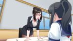  2girls age_difference angry ayano_aishi black_hair breasts choker genka_kunahito lipstick looking_at_another makeup miniskirt multiple_girls open_mouth pantyhose ponytail school_uniform serious sitting skirt standing teacher teacher_and_student yandere yandere_simulator 