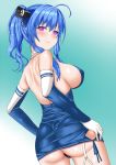  1girl ahoge ass azur_lane back_cutout bangs bare_shoulders blue_hair breasts cleavage cleavage_cutout closed_mouth commentary detached_sleeves dress elbow_gloves erect_nipples eyebrows_visible_through_hair from_behind garter_straps gloves halterneck large_breasts long_hair looking_at_viewer sideboob smile solo st._louis_(azur_lane) thigh-highs tomohiro_(duo) violet_eyes white_gloves 