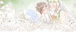  2boys black_hair blue-framed_eyewear closed_eyes fairy_wings flower glasses hand_on_another&#039;s_chin head_wreath highres imminent_kiss katsuki_yuuri kikai_ningen male_focus multiple_boys plant ponytail silver_hair teenage viktor_nikiforov vines wings yaoi younger yuri!!!_on_ice 