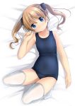  1girl bare_arms bare_shoulders bed bed_sheet black_bow blue_eyes blue_hair blue_swimsuit blush bow brown_hair hair_bow highres knees_up looking_at_viewer lying old_school_swimsuit on_back on_bed original school_swimsuit shibacha solo swimsuit thigh-highs twintails white_bed_sheet white_legwear 