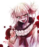  1girl :p boku_no_hero_academia brown_eyes collar_up diddms1999 fangs highres long_sleeves looking_at_viewer neckerchief open_mouth pink_hair red_neckwear sailor_collar short_hair smile solo toga_himiko tongue tongue_out white_background 