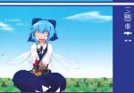  1girl blue_hair bouquet bow cirno comic cover cover_page doujin_cover fairy field flower flower_field hair_bow ice ice_wings non_(nuebako) short_hair short_sleeves skirt touhou vest wings 