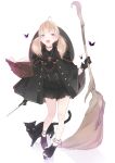  1girl ahoge ama_mitsuki animal bangs bare_legs black_cat black_dress black_footwear black_gloves blonde_hair blue_eyes blush broom bug butterfly cape cat choker commentary_request dress eyebrows_visible_through_hair full_body gloves heart heart_choker holding holding_wand insect long_hair long_sleeves looking_at_viewer low_twintails open_mouth open_toe_shoes original revision simple_background solo twintails wand white_background 