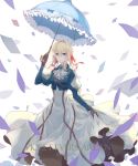  1girl artist_name ascot blonde_hair blue_eyes braid brooch character_name cropped_jacket hair_ribbon highres holding holding_skirt holding_umbrella jewelry juliet_sleeves long_hair long_sleeves open_mouth parasol puffy_sleeves ribbon shiroki solo umbrella violet_evergarden violet_evergarden_(character) 