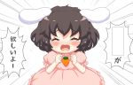  1girl ^_^ animal_ears bangs bebeneko black_hair blush carrot_necklace check_translation chibi clenched_hands closed_eyes commentary_request crying dress emphasis_lines exploitable eyebrows_visible_through_hair inaba_tewi open_mouth pink_dress puffy_short_sleeves puffy_sleeves rabbit_ears short_hair short_sleeves shouting simple_background solo tears touhou translated upper_body white_background 
