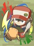  1boy :3 backpack bag bangs baseball_cap black_eyes black_footwear black_hair blue_pants cafe_(chuu_no_ouchi) closed_mouth from_above gen_1_pokemon hair_between_eyes hat holding legs_apart male_focus no_pupils open_clothes open_vest pants pokedex pokemon pokemon_(creature) pokemon_(game) pokemon_rgby raichu red_(pokemon) red_(pokemon_rgby) red_hat red_vest shirt shoes short_hair short_sleeves standing vest 