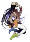  1girl baseball_cap black_hair boots brown_jacket closed_mouth floating floating_hair from_side green_eyes green_footwear hand_on_headwear hand_up hat highres holding jacket long_hair long_sleeves looking_at_viewer looking_to_the_side multicolored_hair original pale_skin profile purple_hair simple_background solo two-tone_hair white_background yamakawa 