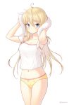  1girl ahoge arms_up blonde_hair blue_eyes blush bow bow_panties camisole commentary cowboy_shot drying drying_hair hair_between_eyes highres long_hair melomelo_d midriff navel original panties simple_background solo towel twitter_username underwear white_background yellow_panties 