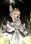  1girl armor armored_dress armpits artoria_pendragon_(all) black_background black_bow blonde_hair blush bow breastplate closed_mouth dress excalibur fate/grand_order fate_(series) flower gauntlets gloves green_eyes hair_bow highres holding holding_sword holding_weapon kouno_(uiyoyo199) lily_(flower) looking_at_viewer pixiv_fate/grand_order_contest_2 ponytail saber_lily short_hair smile solo sword weapon white_dress 