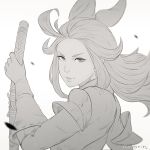  1girl ahoge bow bravely_default:_flying_fairy bravely_default_(series) commentary debris edea_lee elbow_gloves gloves greyscale hair_bow holding holding_weapon koyorin long_hair looking_at_viewer looking_back monochrome ribbon sketch solo weapon 