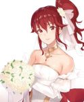  1girl alternate_costume anna_(fire_emblem) blush dress fire_emblem fire_emblem_heroes fire_emblem_musou gloves ichikei intelligent_systems light_smile long_hair looking_at_viewer nintendo ponytail red_eyes redhead simple_background smile solo wedding_dress 