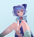  1girl blue_bow blue_dress blue_eyes blue_hair bow bowtie cirno dress foreshortening hair_bow hands_together legs_apart pikumin short_hair sitting smile solo touhou 