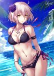  1girl ahoge anchor_necklace arm_behind_back armband beach belly_chain bikini bikini_pull breasts clouds collarbone day fate/grand_order fate_(series) flower hair_flower hair_ornament halter_top halterneck hand_on_hip jeanne_d&#039;arc_(alter)_(fate) jeanne_d&#039;arc_(fate)_(all) jewelry looking_at_viewer medium_breasts nail_polish navel necklace ocean orange_eyes outdoors palm_tree pink_hair purple_bikini purple_nails sakiyamama short_hair side-tie_bikini sky smile solo sparkle swimsuit tree upper_body wristband 