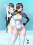  2girls black_hair blank_eyes blurry blurry_background breasts brown_eyes commentary dated emperor_penguin_(kemono_friends) hair_over_one_eye hand_on_hip hand_up headphones highleg highleg_leotard kemono_friends king_penguin_(kemono_friends) large_breasts leotard long_hair looking_at_viewer multicolored_hair multiple_girls orange_hair pandacron smile thigh-highs two-tone_hair white_leotard 