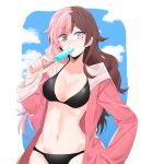  1girl bikini black_bikini blue_sky blush breasts brown_eyes brown_hair cleavage clouds cowboy_shot eyebrows_visible_through_hair food groin hand_in_pocket heterochromia highres jacket jacket_over_swimsuit long_hair medium_breasts multicolored_hair navel neo_(rwby) outside_border pink_eyes pink_hair popsicle rwby sky solo swimsuit swimsuit_under_clothes white_background white_border yomi0556 