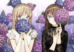  2girls black_shirt blue_eyes blush brown_hair commentary_request covered_mouth fingernails flower gradient gradient_background hands_up holding holding_flower hydrangea kurata_rine light_brown_hair long_hair long_sleeves looking_at_viewer multiple_girls original own_hands_together parted_lips purple_background purple_flower see-through shirt very_long_hair water_drop wet white_background white_shirt 