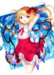  1girl :d alternate_costume armpits arms_behind_head bangs blonde_hair blue_sky bow clouds eyebrows_visible_through_hair fang flandre_scarlet folded_leg hair_between_eyes hair_blowing hair_ribbon jumping looking_at_viewer no_hat no_headwear open_mouth petticoat red_bow red_eyes red_ribbon red_skirt ribbon sakipsakip shiny shiny_hair shirt short_hair side_ponytail skirt sky sleeveless sleeveless_shirt smile solo touhou white_shirt wind wing_collar wings 