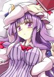  1girl aki_chimaki book breasts crescent crescent_hair_ornament dress hair_ornament hat highres large_breasts long_hair mob_cap patchouli_knowledge purple_hair red_ribbon ribbon solo striped striped_dress touhou very_long_hair violet_eyes 