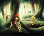  1girl :o aikei_ake animal bangs black_hair blush book boots braid brown_shorts cape cat commentary_request day eyebrows_visible_through_hair flower forest green_eyes holding holding_book hood hood_up hooded_cape little_red_riding_hood little_red_riding_hood_(grimm) low_twintails mushroom nature open_book original outdoors parted_lips puffy_shorts red_cape red_footwear short_shorts shorts sitting solo tree twin_braids twintails yellow_flower 