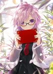  1girl ahoge black-framed_eyewear commentary_request fate/grand_order fate_(series) flower flower_request glasses highres lavender_hair looking_at_viewer mash_kyrielight necktie red_neckwear red_string short_hair smile solo string upper_body violet_eyes window yano_mitsuki 