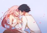  1boy 1girl bangs bare_shoulders black_hair blue_eyes blue_horns blush chenaze57 closed_eyes collarbone commentary_request couple darling_in_the_franxx face-to-face facing_another fang fingernails forehead-to-forehead fringe hair_ornament hairband hand_holding hetero highres hiro_(darling_in_the_franxx) horns long_hair looking_at_another nightgown oni_horns pajamas petals pink_hair red_horns short_hair sleeveless white_hairband white_pajamas zero_two_(darling_in_the_franxx) 