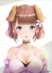  1girl animal_ears artist_name bangs bare_shoulders blue_eyes blush breasts brown_hair choker collarbone commentary_request detached_sleeves dog_ears earrings ears_down eyebrows_visible_through_hair eyelashes flower hair_flower hair_ornament hairclip halterneck highres hyouta_(yoneya) jewelry lips looking_at_viewer medium_breasts original parted_lips short_hair signature single_earring solo teeth two-tone_background upper_body 