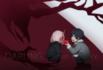  1boy 1girl apple barefoot black_cloak black_hair blue_eyes boots chenaze57 cloak coat commentary_request couple darling_in_the_franxx eyebrows_visible_through_hair facing_another food fruit fur_boots fur_trim green_eyes grey_coat hetero highres hiro_(darling_in_the_franxx) holding holding_fruit hood hooded_cloak horns long_hair looking_at_another oni_horns parka pink_hair red_horns red_pupils red_sclera red_skin short_hair spoilers squatting winter_clothes winter_coat younger zero_two_(darling_in_the_franxx) 