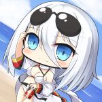  1girl arm_up azur_lane bangs bare_shoulders beach big_head bikini blue_eyes blue_sky blush breasts can chibi cleavage closed_mouth clouds cloudy_sky day dutch_angle eyebrows_visible_through_hair eyewear_on_head hair_between_eyes head_tilt holding holding_can horizon jacket large_breasts long_hair long_sleeves ocean off_shoulder outdoors sand shachoo. silver_hair sky smile solo sunglasses swimsuit tirpitz_(azur_lane) water white_bikini white_jacket 