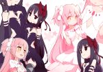  2girls akuma_homura blush bow choker dress elbow_gloves flat_chest floral_background gloves goddess_madoka hair_bow hair_ribbon hair_twirling long_hair mahou_shoujo_madoka_magica multiple_girls multiple_views pink_hair purple_dress purple_gloves purple_hair ribbon smile sparkle thigh-highs two_side_up violet_eyes white_background white_dress white_gloves yellow_eyes yoru_nai 