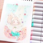  artist_name commentary creamsherry english_commentary flower long_hair marker_(medium) mermaid monster_girl original photo rose smile starfish tomori_(creamsherry) traditional_media underwater water 