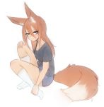  1girl animal_ears bags_under_eyes black_shirt blue_shorts breasts brown_hair cleavage fox_ears fox_tail from_side hair_between_eyes hand_on_own_knee jitome long_hair looking_at_viewer monorus no_shoes original shirt short_sleeves shorts simple_background socks solo tail violet_eyes white_background white_legwear 