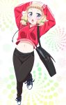  1girl arms_up bag black_pants blonde_hair blue_eyes blush collarbone full_body hair_bobbles hair_ornament hands_on_own_head highres long_hair midriff navel new_game! one_leg_raised open_mouth pants pink_x red_sweater sakura_nene shoes sneakers solo standing standing_on_one_leg stomach sweater white_background 