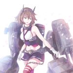  1girl bare_shoulders black_skirt breasts brown_hair cannon chains cowboy_shot gloves green_eyes groin hair_between_eyes hairband headgear kantai_collection large_breasts looking_away machinery midriff miniskirt mutsu_(kantai_collection) navel open_mouth parted_lips pleated_skirt red_legwear rigging short_hair skirt solo turret white_background white_gloves yomi_(yomi14_pyaon) 
