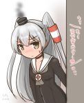  1girl amatsukaze_(kantai_collection) artist_name bangs black_choker black_dress black_hairband blush brown_eyes buttons choker curse_(023) dated dress eyebrows_visible_through_hair grey_neckwear hair_tubes hairband hat heart highres kantai_collection lifebuoy long_hair long_sleeves looking_to_the_side mini_hat nose_blush sailor_collar sailor_dress short_dress silver_hair smokestack solo sweatdrop translation_request two_side_up white_sailor_collar windsock 