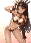  1girl arm_up armlet bangs black_hair blush bra breasts bridal_gauntlets commentary_request detached_collar detached_sleeves earrings fate/grand_order fate_(series) gradient gradient_background hair_ribbon hand_in_hair highres hips hoop_earrings ishtar_(fate/grand_order) jewelry long_hair looking_at_viewer mashu_003 medium_breasts navel neck_ring panties parted_bangs red_eyes ribbon single_sleeve smile solo thighs tiara tohsaka_rin two_side_up underwear waist yellow_bra yellow_panties 